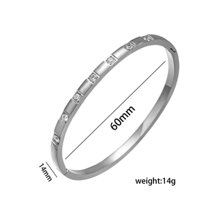 Elegant stainless steel bangle with inlaid zircons, 60mm diameter and 14mm width silver cuff