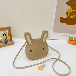 Detailed view of a brown rabbit-shaped PU leather mini crossbody bag for kids