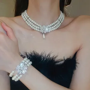 Multi Layer Artificial Pearl Necklace Bracelet Earrings Rhinestone Flower Teardrop Pendant Elegant Luxury Vintage For Women Silver Earring Post
