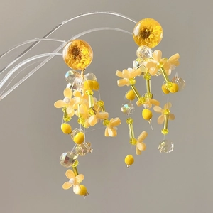 Chic yellow fabric flower tassel earrings with resin floral studs for summer vacations