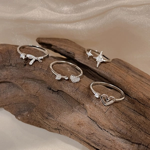 Sparkling S925 silver ring set with heart, star, and bow motifs for a sweet aesthetic