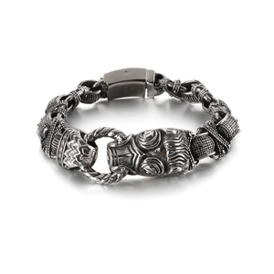 Retro stainless steel lion head bracelet for men with vintage braided texture design