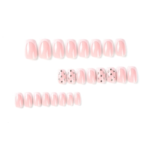 Pink French press-on nails with white tips and silver rhinestones, 24-piece full set
