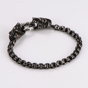 Detail of vintage silver lion head buckles on masculine stainless steel chain bracelet