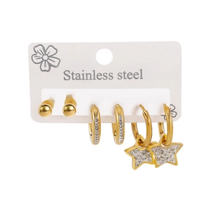 Three-piece gold stainless steel earring set featuring studs, hoops, and star charms