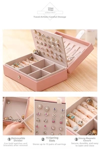 Pink PU leather jewelry organizer box with magnetic closure and earring storage board