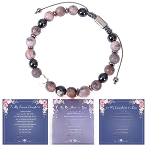 Pink agate bead bracelet with heart pendant and three cards for wife, daughter, or daughter-in-law