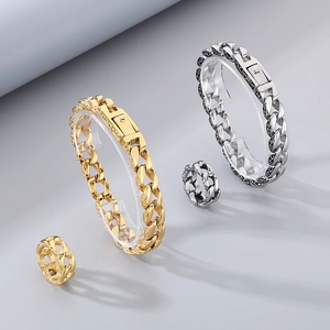 Cuban Chain Bracelet And Ring Stainless Steel Carved Pattern Hip Hop Style Jewelry For Men