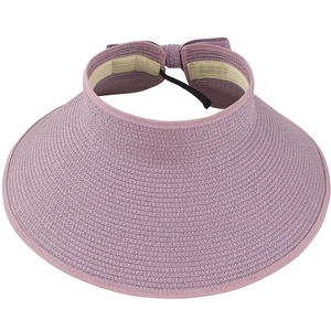 Visiera parasole pieghevole in paglia con tesa larga e fiocco color lavanda