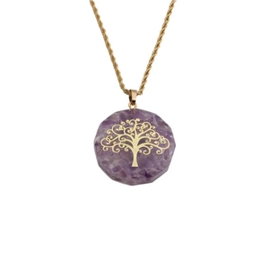 Gold tree of life amethyst necklace with natural crushed purple crystal pendant