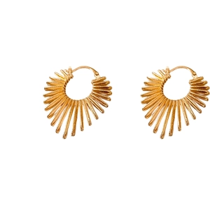 Exaggerated gold heart-shaped textured hoop earrings with a trendy minimalist fan-like design