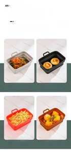 Foldable rectangular silicone air fryer liners in four colors with food display