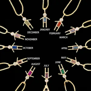 Birthstone Humanoid Robot Pendant Necklace Brass With Colorful Cubic Zirconia Box Chain Cute Jewelry Gift For Women