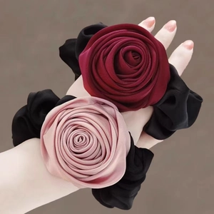 Elegant 3D Rose Flower Hair Scrunchie Satin Fabric Elastic Oversized Large Intestine Style Hair Tie For Women Girls