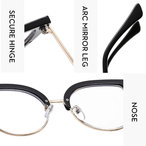 Detalle de gafas cat eye mostrando bisagras seguras, patillas curvas y almohadillas nasales