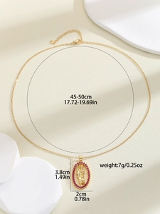 Detail view of Virgin Mary necklace with colorful stones and precise size dimensions