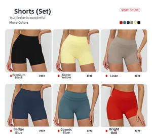 Detailed view of high-waisted yoga shorts set in six vibrant colors for women