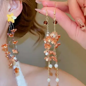 Bohemian Floral Resin Drop Earrings With Silver Earring Post Long Tassel Imitation Artificial Pearl Vacation Style For Women