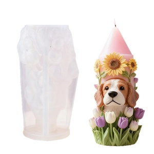 Dog with sunflower and tulip candle silicone mold for DIY pet flower candle making