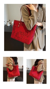 Detailed views of a red floral tote bag styled with a beige blazer in a cafe setting