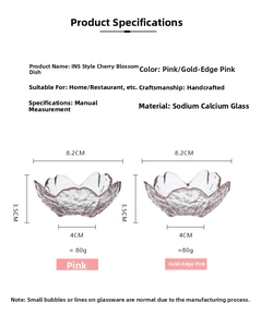 Detailed specs for cherry blossom glass sauce dish showing size and soda-lime material
