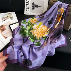 Square Satin Scarf Elegant Peony Floral Print Satin Polyester Shawl Chinese Style Vintage Fashion For Women