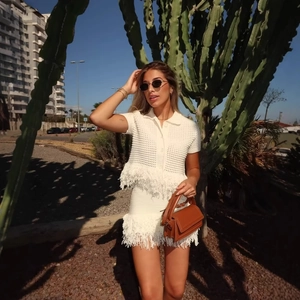 Women Short Sleeve Cotton Knit Crochet Cardigan And Fringe Mini Skirt Tassel Trim Button Up Summer Vacation Boho