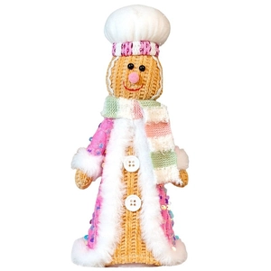 Pink gingerbread chef plush doll with knitted hat and sequined robe Christmas decoration