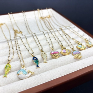 Golden stainless steel ocean pendant necklaces with colorful enamel fish and sea life shapes