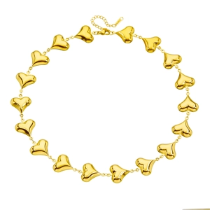 Polished gold stainless steel necklace with interconnected hollow heart-shaped links