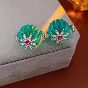 Vintage lake green flower stud earrings and necklace set with sparkling crystals
