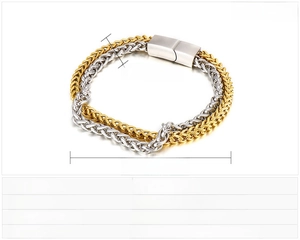 Detail of two-tone braided stainless steel bracelet with magnetic clasp and specs