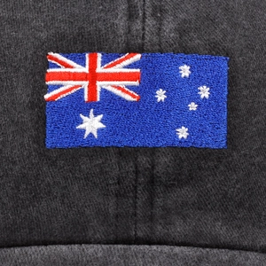 Washed grey cotton baseball cap featuring high-quality embroidered Australian flag patch