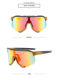 Detail view of sport sunglasses with gray-gold frame and red gradient lenses