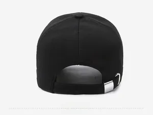 Rear view of black cotton baseball cap showing adjustable silver metal slider buckle strap