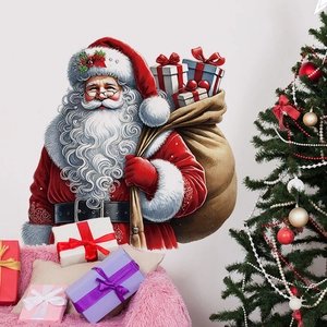 Detail of Santa Claus wall sticker with gift bag in a festive living room setting