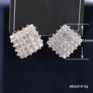 Geometric diamond-shaped stud earrings with full cubic zirconia and 16mm silver finish