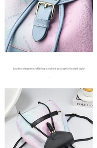 Detail of floral gradient leather backpack showing metallic clasp and lifestyle scene