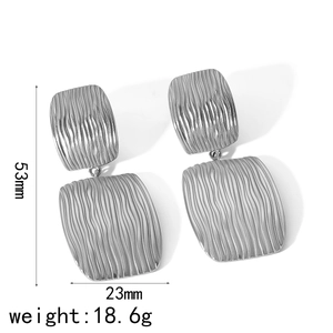 Silver square striped drop earrings in stainless steel with wavy texture, 53mm long