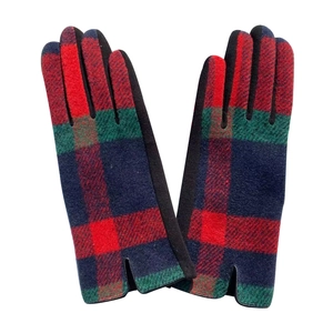 Winter plaid wool gloves with touch screen embroidery and warm lining in red blue pattern