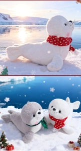 Détails de peluches otaries mignonnes blanches et grises avec écharpes tricotées