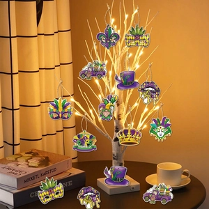 Mardi Gras themed hanging ornaments set featuring masks and crowns on festive tree