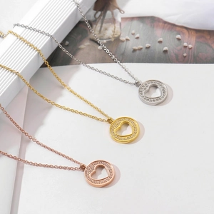 Hollow Heart Circle Pendant Necklace Stainless Steel 18K Gold Plated Cubic Zirconia Korean Style Minimalist Jewelry For Women