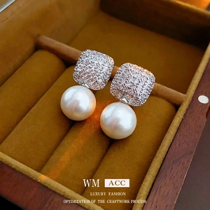 Square Zircon Round Artificial Pearl Drop Earrings Copper With 925 Sterling Silver Earring Post French Chic Elegant Women