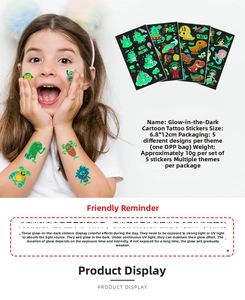 Glow-in-the-dark cartoon tattoo stickers set showing 12x6.8 cm size and luminous effect