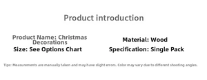 Detailed product specifications table for wooden Christmas tree ornaments with dimensions