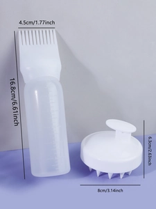 Detail showing white 19-teeth scalp massage brush and hair dye bottle with measurements