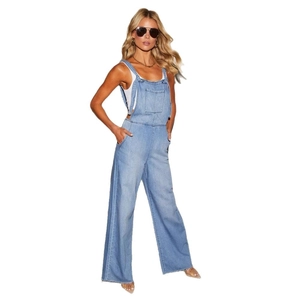 Fashionable light blue denim wide leg jumpsuit with side pockets and sleeveless straps