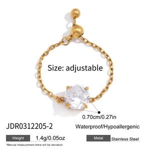 Adjustable stainless steel chain ring with a single round white cubic zirconia stone