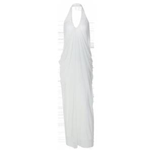 Detail view of white halter neck maxi dress with deep V-neck and elegant pleats